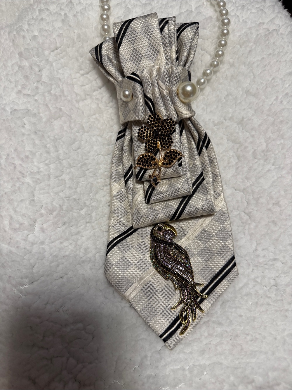 Pearl-Embellished Ivory Striped Necktie Necklace Accent